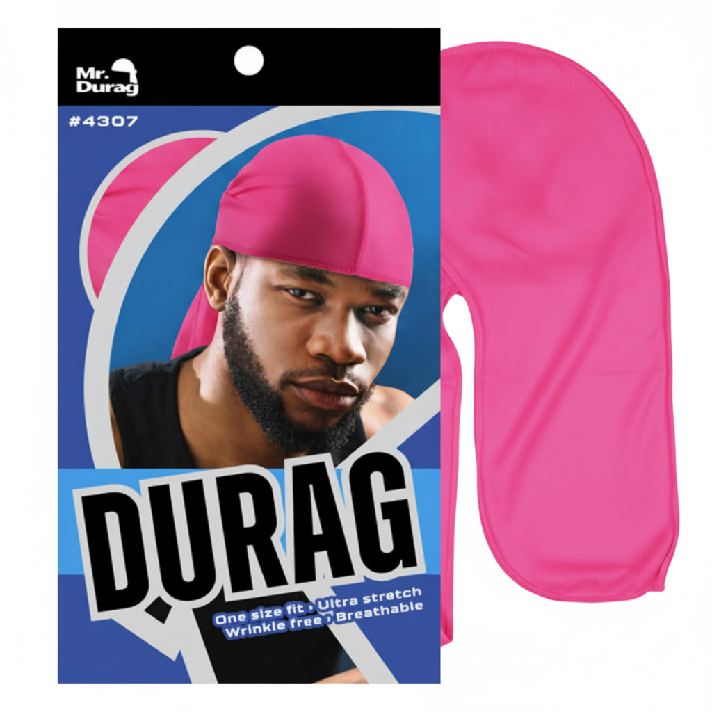 Pink solid durag made from ultra-stretch, breathable fabric with wrinkle-free design, shown alongside its branded packaging featuring a male model wearing the durag.