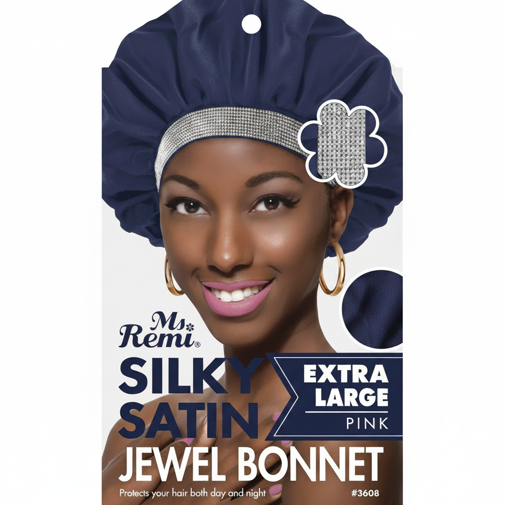 Smiling woman wearing a navy silky satin bonnet with a sparkling rhinestone-studded band, designed for extra-large, protective styling of textured and natural hair.