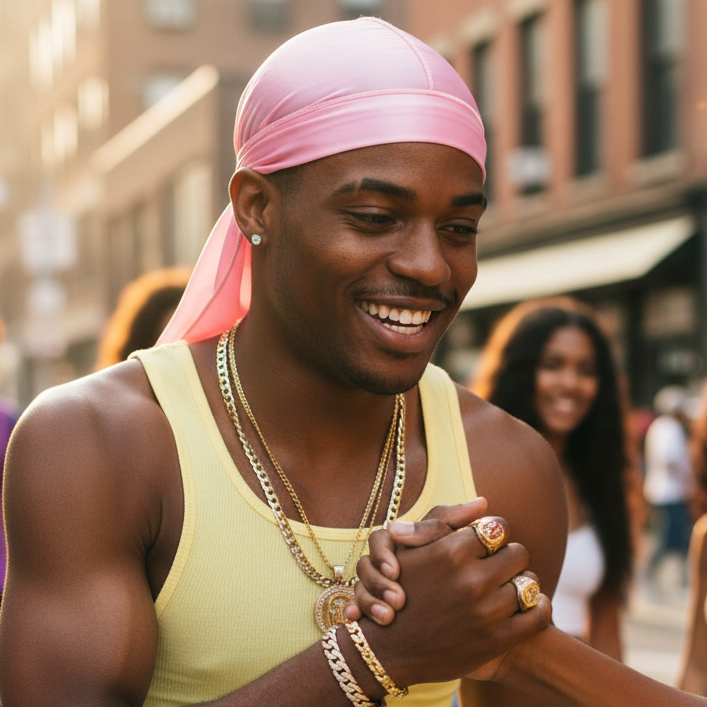 man wearing pink durag and interacting with others on a street.