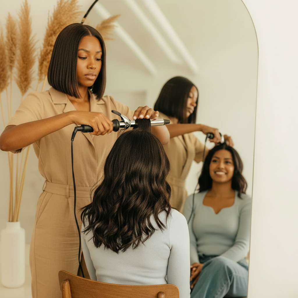 A professional stylist using a silver curling iron to create soft waves on a woman’s long dark hair in a bright salon setting.