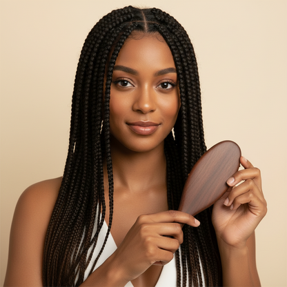 Portrait of a woman with long box braids holding a wooden hairbrush, showcasing natural textured hair care and styling with Annie International hair tools.