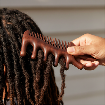 Hand holding a sandalwood massage comb gently detangling textured locs, designed for natural and multicultural hair without snagging or pulling.