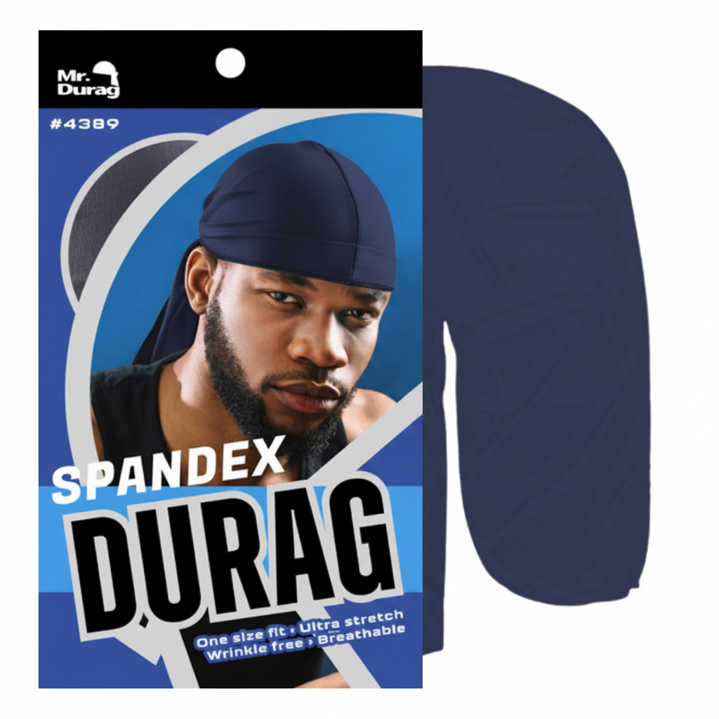 Navy-colored spandex durag featuring ultra stretch, wrinkle-free, and breathable fabric designed for teens and adults to support textured hair wave training and protective styling.