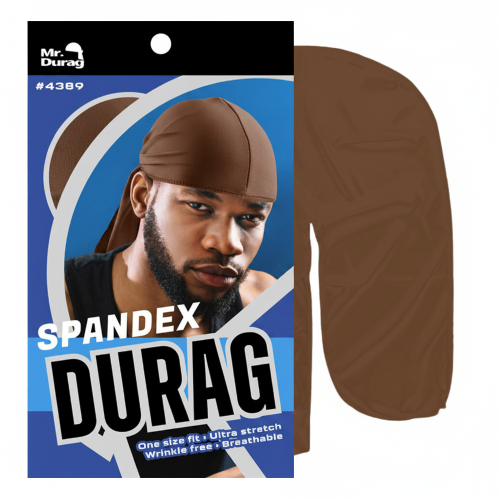 Brown spandex durag displayed with packaging featuring a male model, designed with wrinkle-free, breathable, and ultra-stretch fabric for comfortable wave training on textured hair.