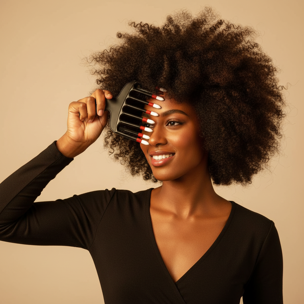 Woman with natural afro hairstyle holding a black two-tone wide-tooth comb with rounded tips designed by Annie International for gentle detangling and styling of textured hair.