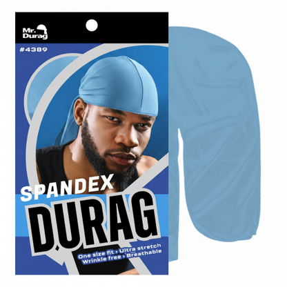 Sky blue spandex durag displayed with packaging featuring an adult male model, highlighting breathable, wrinkle-free fabric with ultra stretch for comfortable wave training and textured hair care.