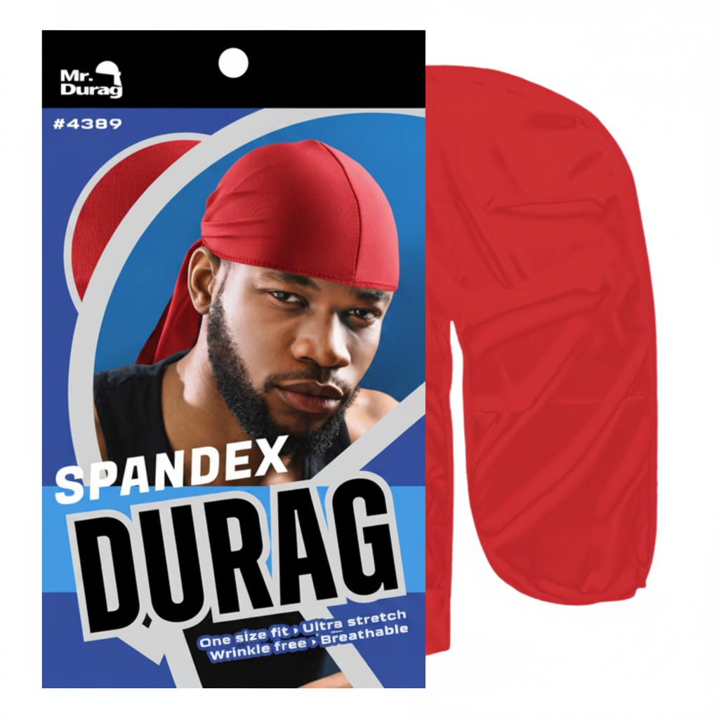 Red spandex durag shown on adult male model with beard, featuring breathable, wrinkle-resistant fabric designed for comfortable wave training and textured hair care.
