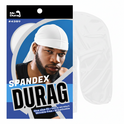 Packaging showing a white spandex durag with breathable, wrinkle-free fabric designed for a comfortable, one-size-fits-all fit to support textured hair wave training and styling.