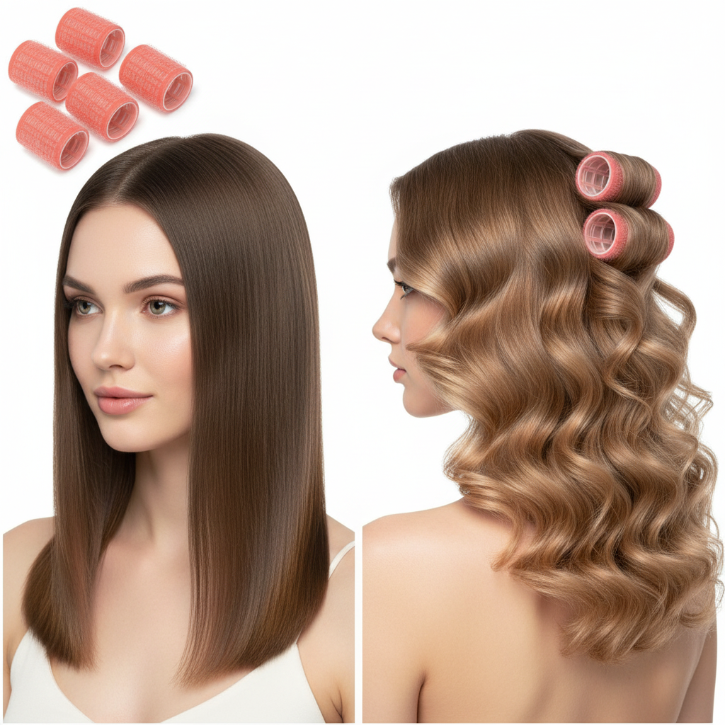 Six pink self-grip hair rollers shown with before and after images of light brown hair transformed from sleek and straight to soft, voluminous waves, ideal for textured and natural hair styling.