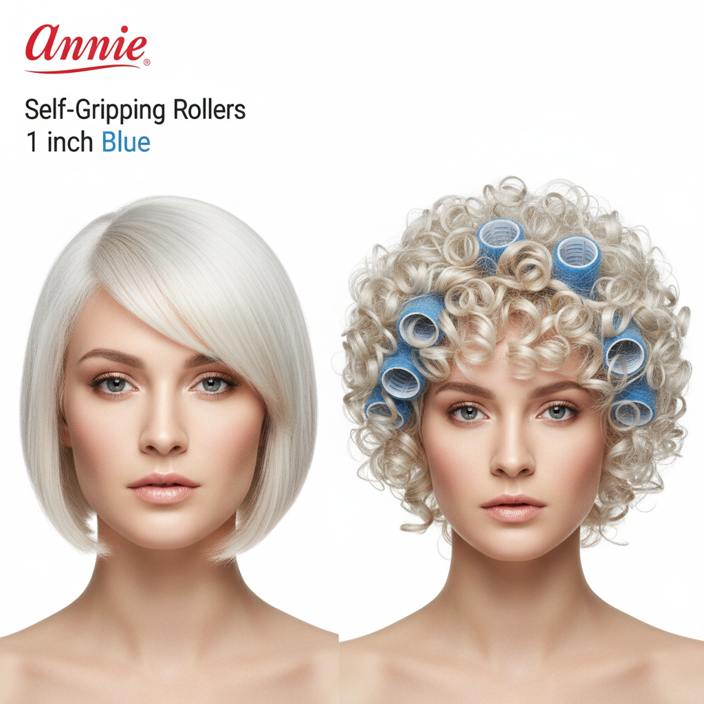 Side-by-side comparison showing a woman with straight platinum blonde hair transformed into voluminous curls using blue 1-inch self-gripping rollers designed for gentle, snag-free styling.