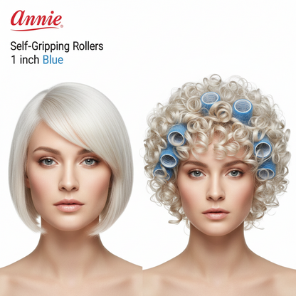 Side-by-side comparison showing a woman with straight platinum blonde hair transformed into voluminous curls using blue 1-inch self-gripping rollers designed for gentle, snag-free styling.