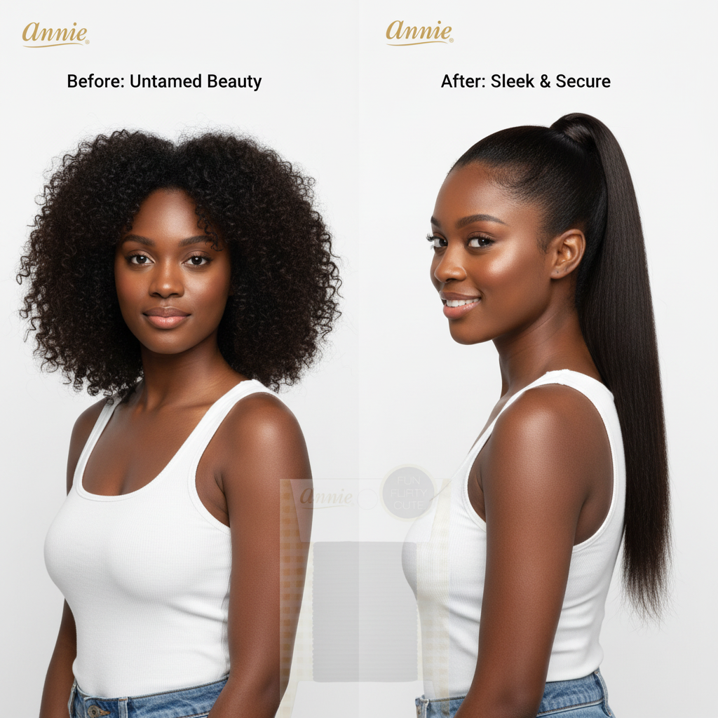 Before and after comparison of a woman with natural textured hair styled wild and untamed, then sleeked back into a smooth, secure ponytail using black Annie Ponytailers.