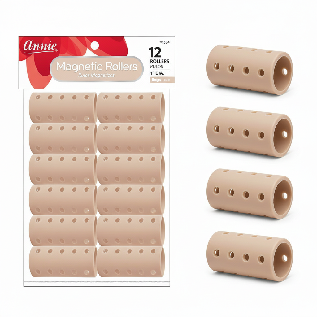 Set of twelve beige magnetic hair rollers measuring 1 inch diameter, designed for gentle, snag-free styling to create curls and waves on textured and natural hair.