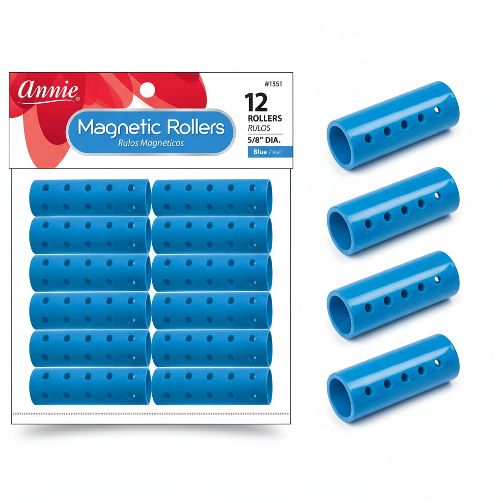 Twelve blue magnetic hair rollers measuring 5/8 inch diameter, designed for secure, gentle styling on textured and natural hair, ideal for wave training and curl setting.