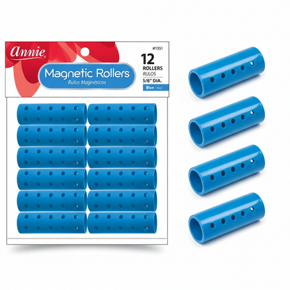 Twelve blue magnetic hair rollers measuring 5/8 inch diameter, designed for secure, gentle styling on textured and natural hair, ideal for wave training and curl setting.