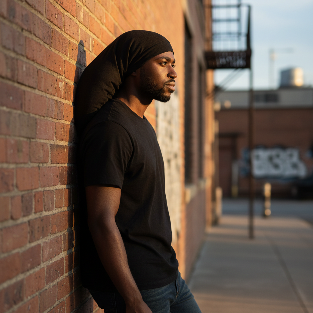 Man leaning against a brick wall wearing Mr. Durag Stylish Jumbo Stocking Cap, 1 Count, Black, featuring a smooth, oversized design for comfortable hair protection and styling.