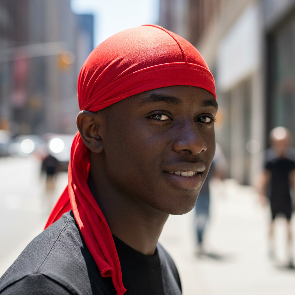 A young man outdoors wearing Mr. Durag Spandex Durag, 1 Count, Assorted Color in vibrant red, featuring a smooth, stretchy fit ideal for hair protection and styling.