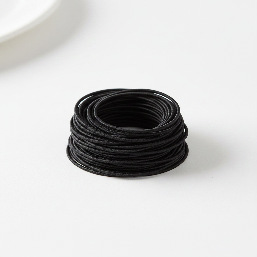 A neat pile of black Annie Tangle Free Ponytailers Thin 3 1/2 Inch, 50 Count, Black arranged on a white surface, designed for secure, snag-free ponytail styling.