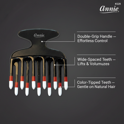 Black comb with a double-grip handle for easy control, featuring wide, color-tipped teeth designed by Annie International to gently lift and volumize textured, natural hair.