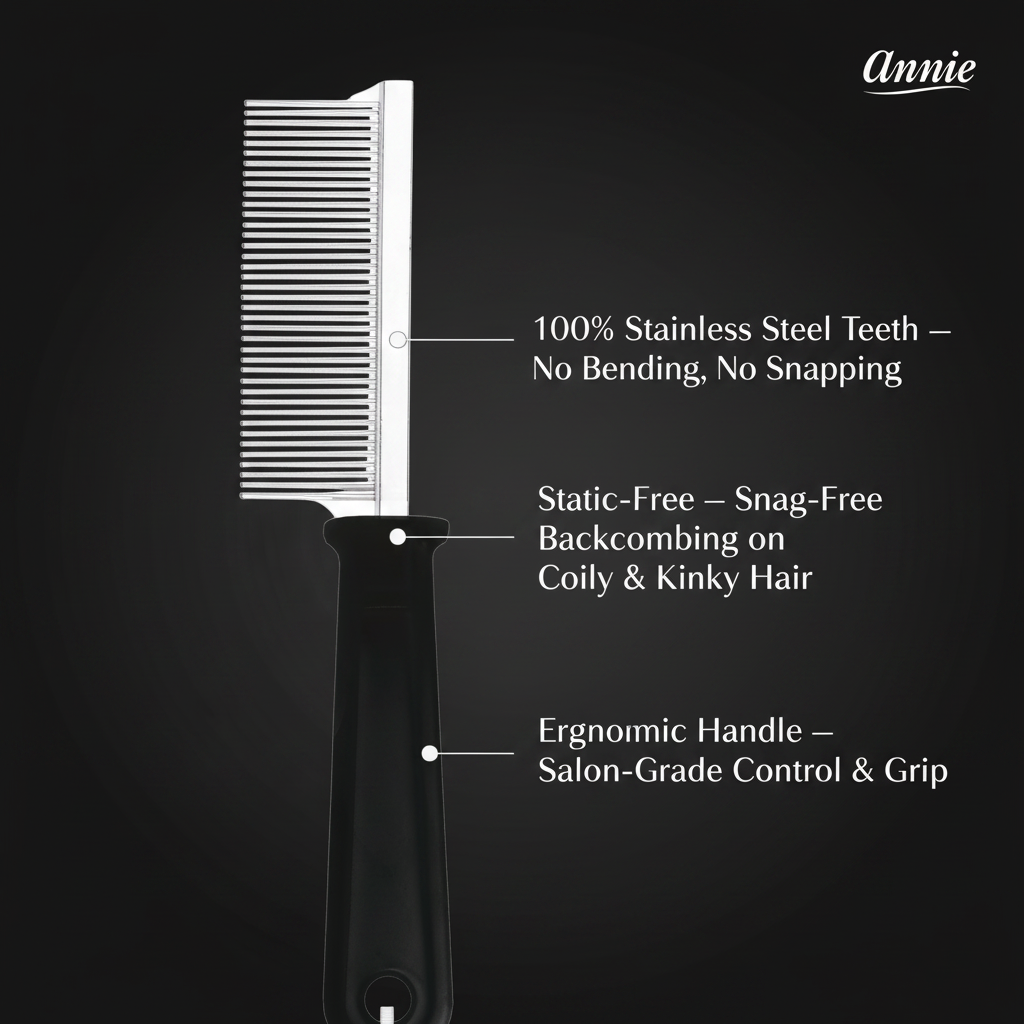 Annie Dreadlock Comb, 1 Count, Black with stainless steel teeth designed to resist bending and snapping, featuring a static-free, snag-free design ideal for coily and kinky hair, and an ergonomic handle for salon-quality grip and control.