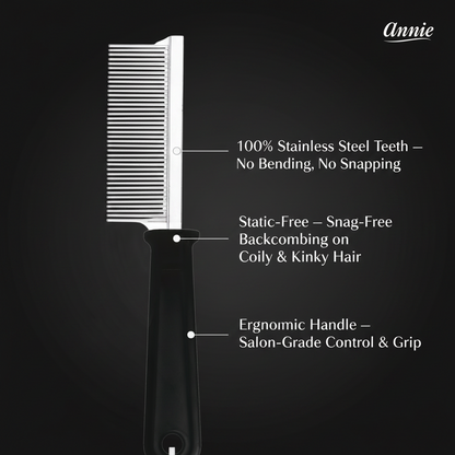 Annie Dreadlock Comb, 1 Count, Black with stainless steel teeth designed to resist bending and snapping, featuring a static-free, snag-free design ideal for coily and kinky hair, and an ergonomic handle for salon-quality grip and control.