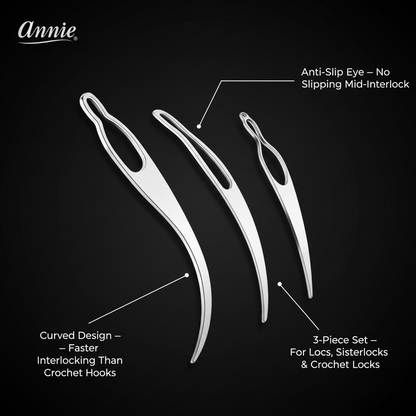 Annie Dreadlock Crochet Interlocking Tool Set, 3 Piece, Silver featuring a curved design for faster interlocking, anti-slip eye to prevent slipping, ideal for locs, sisterlocks, and crochet locks.