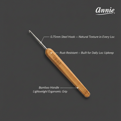 Annie Dreadlocks Crochet Needle 1 Hook 0.75mm, 1 Count, Wood with a rust-resistant steel hook for precise loc maintenance and a lightweight bamboo handle for ergonomic grip.