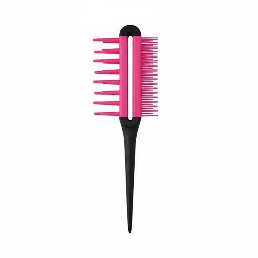 Pink and black multi-style comb featuring three different combing sections and a long pointed handle, designed for versatile styling of textured and natural hair.