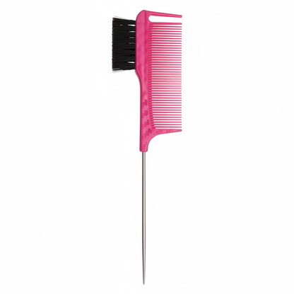 Annie All In One Carbon Edge Brush & Comb, 1 Count, Assorted Colors showing a vibrant pink dual-function edge brush with fine teeth and a sharp metal tail, designed for precise hair styling.