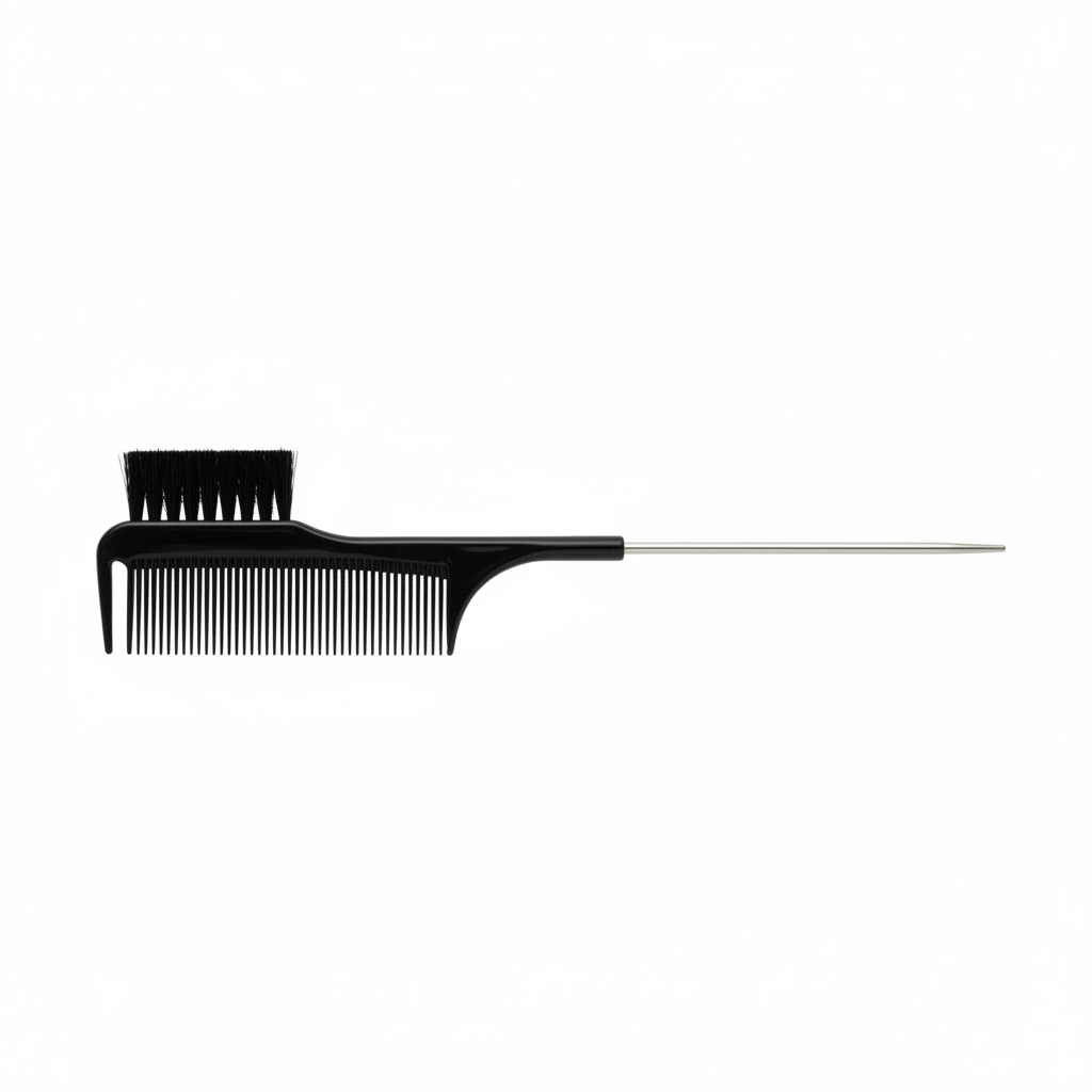 Annie All In One Carbon Edge Brush & Comb, 1 Count, Black featuring a sleek dual-purpose design with a fine-tooth comb, edge brush, and a long metal rat tail for precise styling.