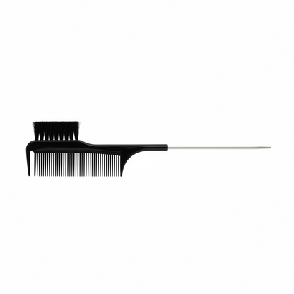 Annie All In One Carbon Edge Brush & Comb, 1 Count, Black featuring a sleek dual-purpose design with a fine-tooth comb, edge brush, and a long metal rat tail for precise styling.