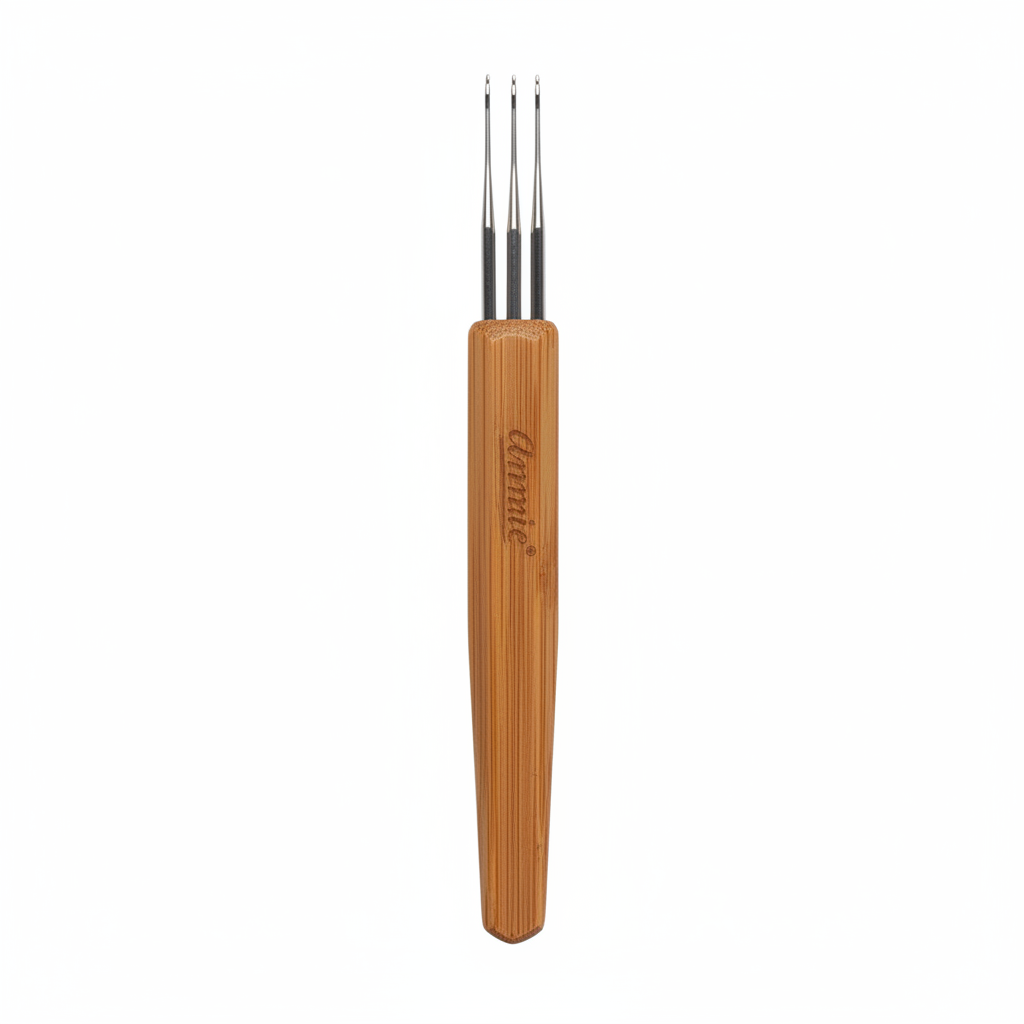 Annie Dreadlocks Crochet Needle 3 Hook 0.75mm, 1 Count, Wood with three fine metal hooks and a smooth wooden handle engraved with the Annie logo for detailed dreadlock styling and maintenance.
