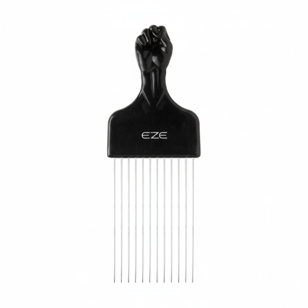 EZE Urban Series Fist Styling Pik Long 4 Inch, 1 Count, Black with a raised fist handle design and long metal teeth for lifting and separating hair, ideal for textured hair styling.