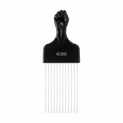 EZE Urban Series Fist Styling Pik Long 4 Inch, 1 Count, Black with a raised fist handle design and long metal teeth for lifting and separating hair, ideal for textured hair styling.