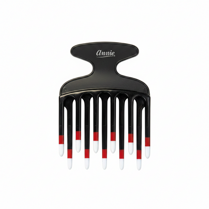 Black double pik comb with wide, evenly spaced teeth featuring red and white tips, designed by Annie for gentle detangling and styling of textured natural hair.