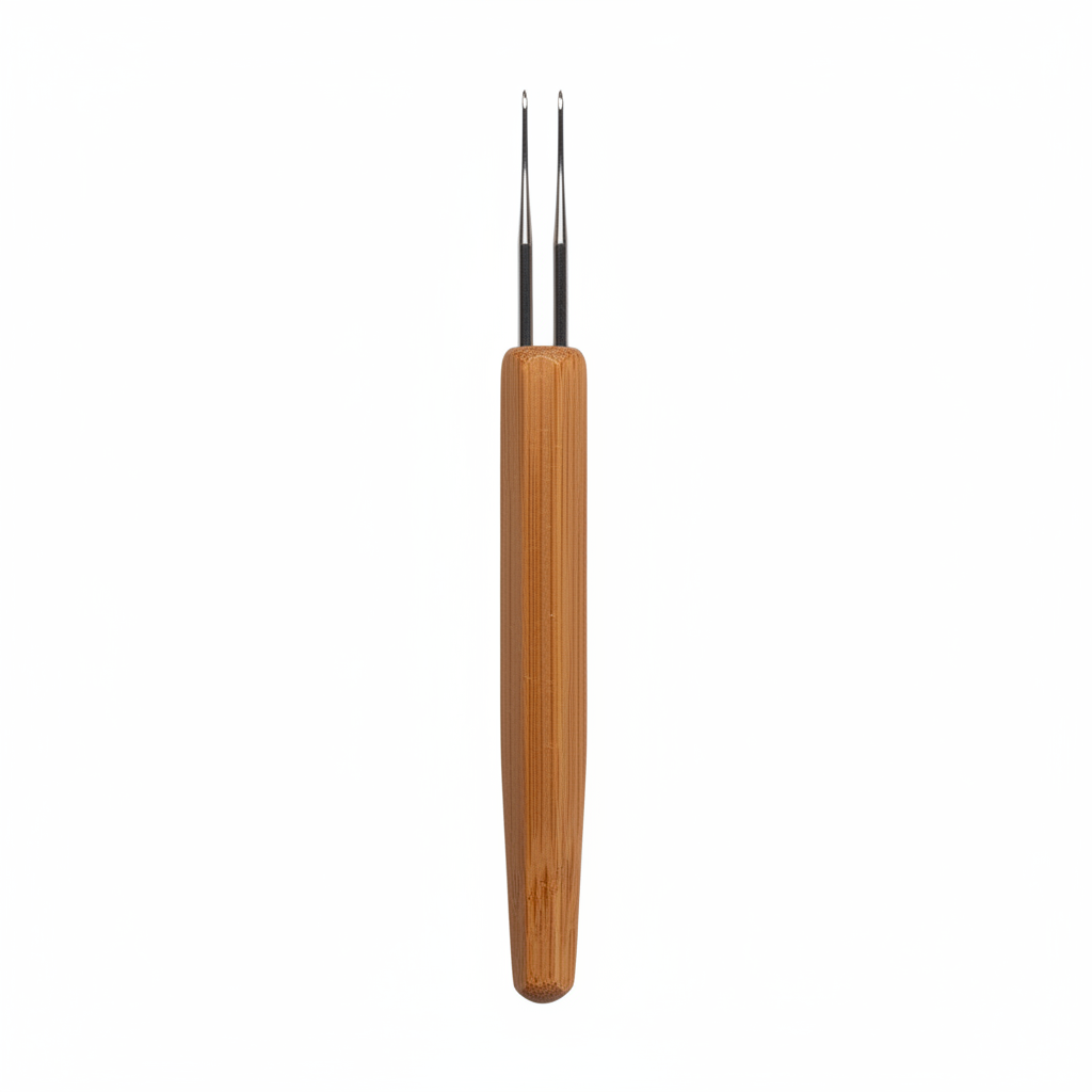 Annie Dreadlocks Crochet Needle 2 Hook 0.75mm, 1 Count, Wood with dual fine metal hooks and a smooth, ergonomic wooden handle for durable, precise dreadlock maintenance and styling.