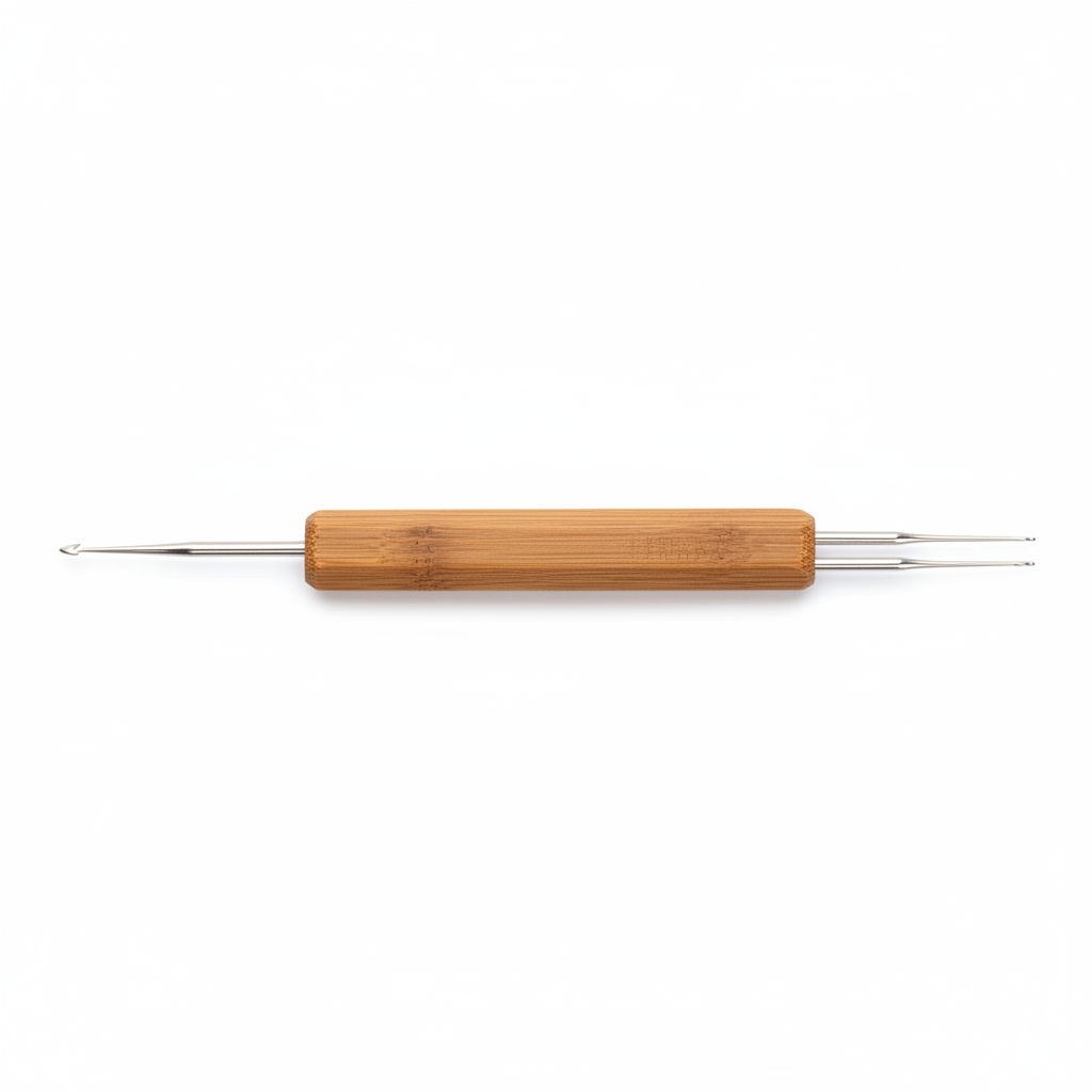 Annie Dreadlocks Crochet Needle 2 In 1 0.75mm, 1 Count, Wood featuring dual metal hooks and a smooth, natural wood handle designed for precise and durable dreadlock maintenance.