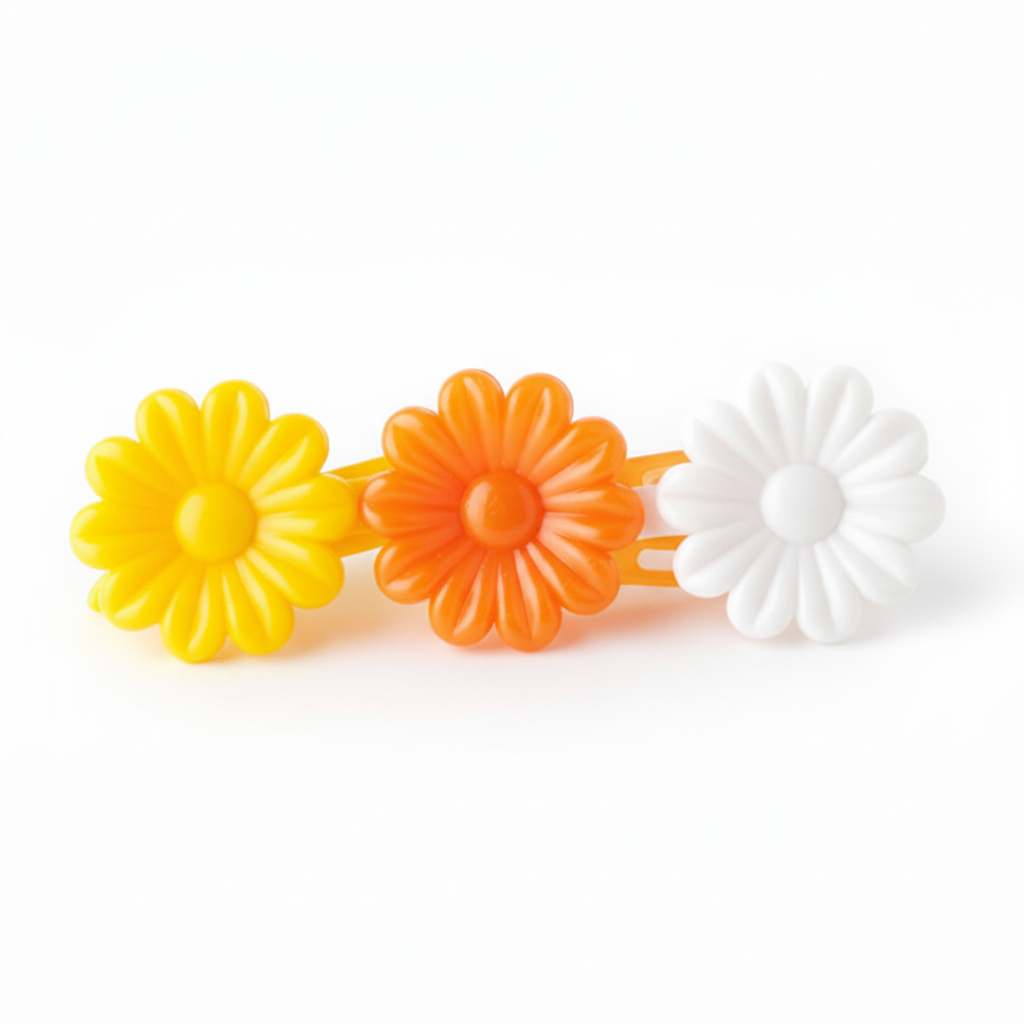 Close-up of three daisy-shaped barrettes in bright yellow, vibrant orange, and white, designed for secure, snag-free hold on textured and multicultural hair.