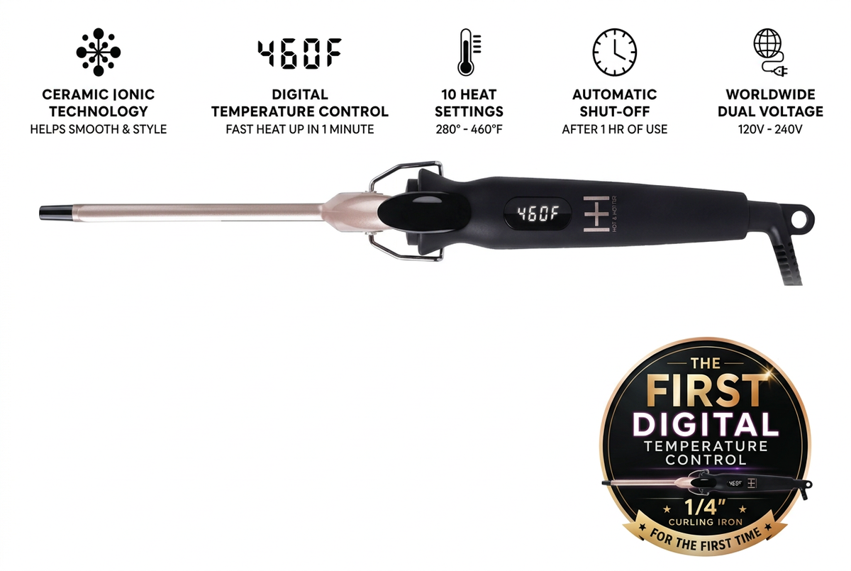 Combined curling iron image with a smaller informational badge