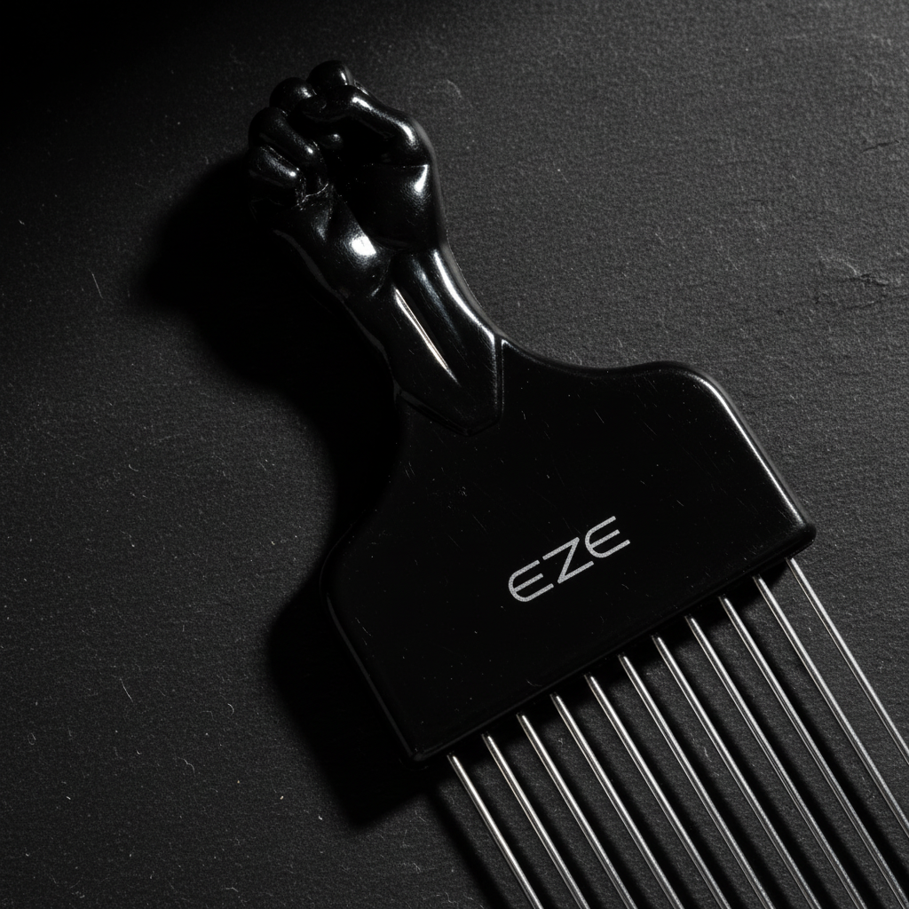 EZE Urban Series Fist Styling Pik Short 2.5 Inch, 1 Count, Black showing a black styling tool with a raised fist handle and long metal prongs for precise hair lifting and separation.