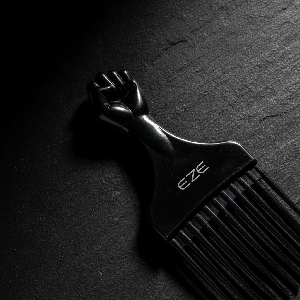 EZE Urban Series Fist Styling Plastic Pik Short, 1 Count, Black with durable plastic teeth and raised fist handle designed for easy lifting and styling of natural textured hair.