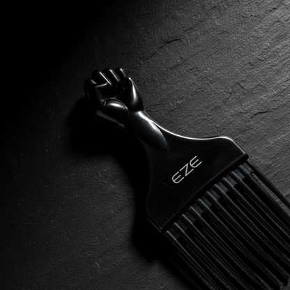 EZE Urban Series Fist Styling Plastic Pik Short, 1 Count, Black with durable plastic teeth and raised fist handle designed for easy lifting and styling of natural textured hair.