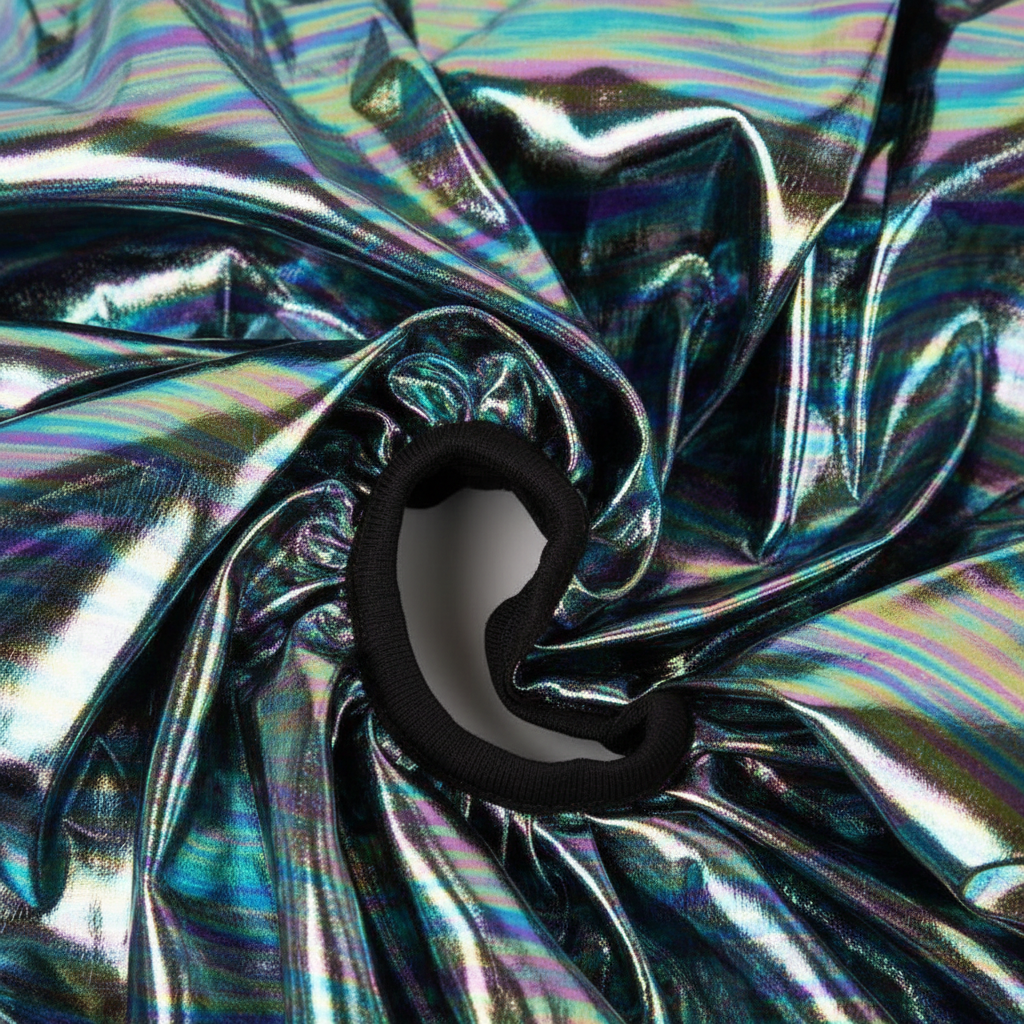 Close-up of a luminous, reflective satin bonnet with an iridescent animal-inspired pattern and a black elastic edge, designed for protective styling of textured hair by Annie International.