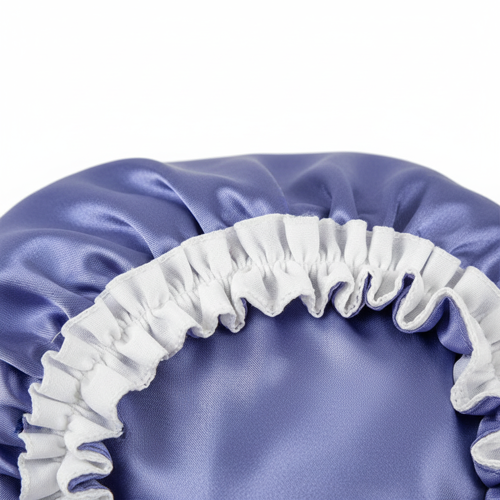 Close-up of a medium-sized purple satin bonnet with a white elastic band, designed to gently protect and preserve textured hair with a smooth, comfortable fit.