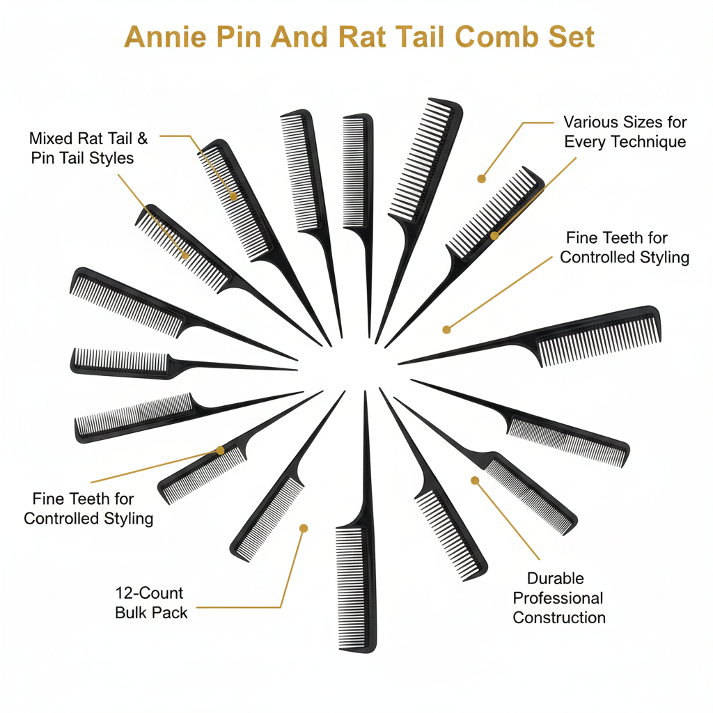 Juego de pinzas Annie y peine de cola, 12 unidades, negro