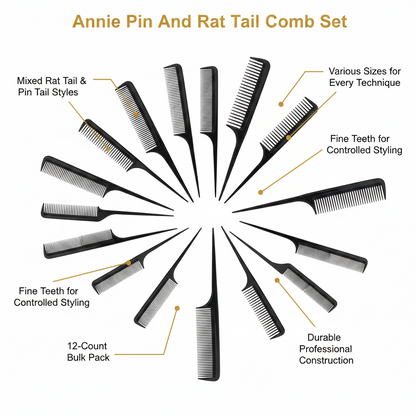 Juego de pinzas Annie y peine de cola, 12 unidades, negro