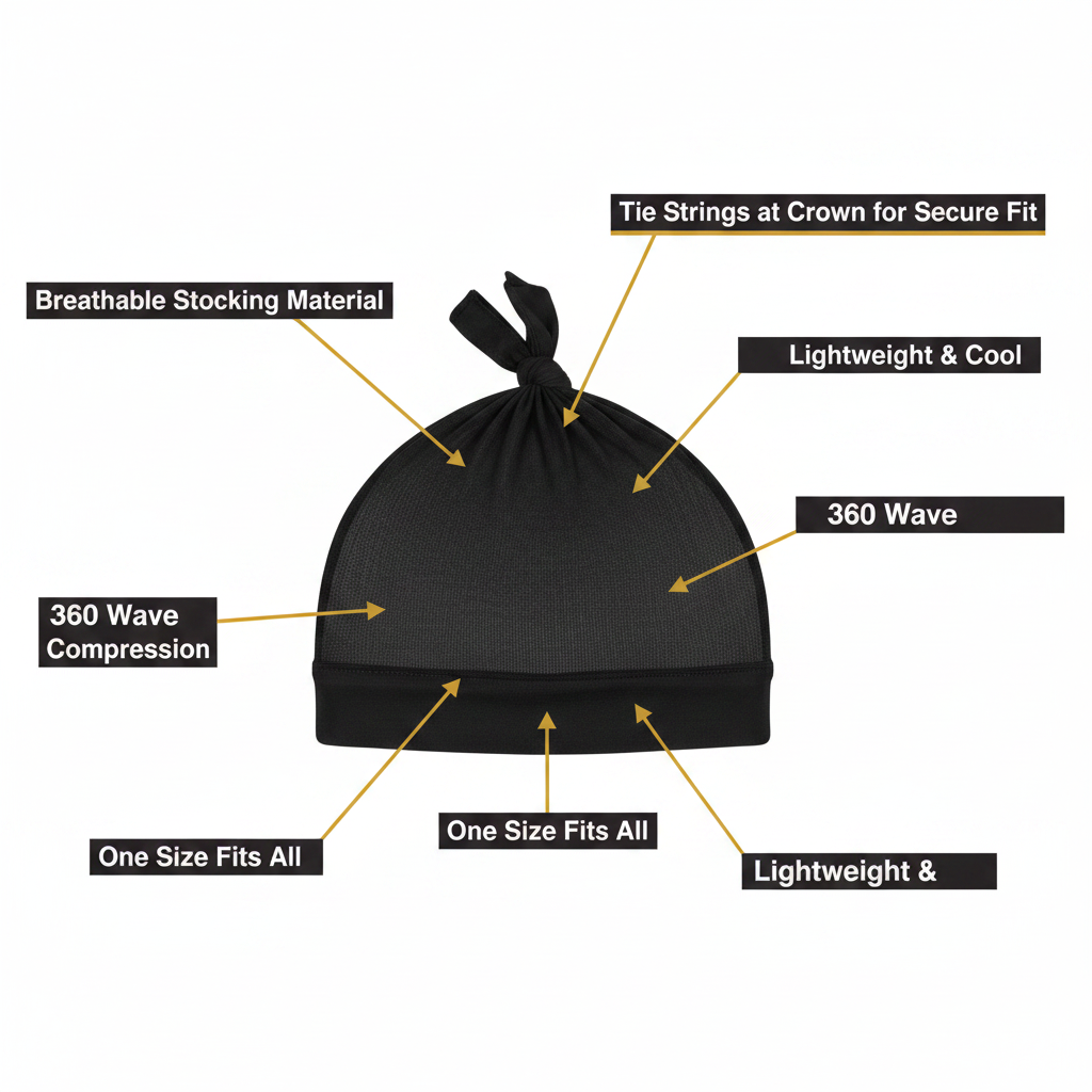Mr. Durag Stocking Tie Cap, 1 Count, Black shown with breathable stocking fabric, adjustable tie strings at crown, lightweight design, and 360 wave compression for secure, comfortable fit.