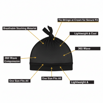 Mr. Durag Stocking Tie Cap, 1 Count, Black shown with breathable stocking fabric, adjustable tie strings at crown, lightweight design, and 360 wave compression for secure, comfortable fit.