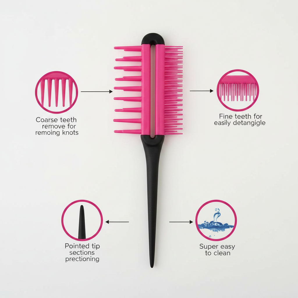 Pink multi-style comb with coarse and fine teeth for detangling and knot removal, pointed tip for sectioning hair, designed for easy cleaning and textured hair care.