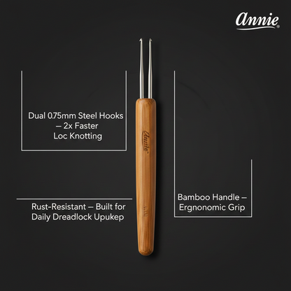Annie Dreadlocks Crochet Needle 2 Hook 0.75mm, 1 Count, Wood featuring dual steel hooks for faster loc knotting, rust-resistant build for daily use, and a bamboo handle with ergonomic grip.
